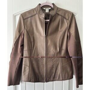 NYGARD Collection Leather Jacket M Brown Scalloped Trim Zip Front